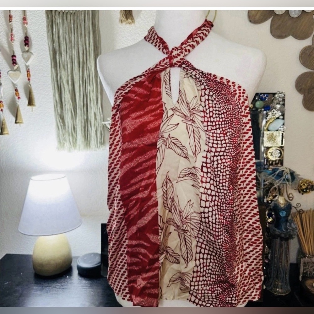 Banana Republic Red and Cream Patterned Halter Top